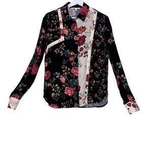 Maje Womens Patchwork Floral Print Colorblock  Button Down Blouse Size S Boho